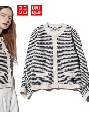 UNIQLO Black & Cream Striped Knit Cardigan